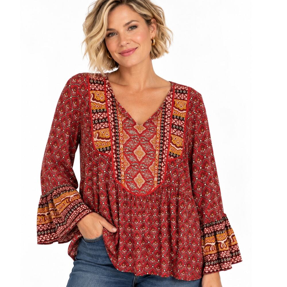 Style & Co Boho Knit Top Womens Large Coral Bell Sleeve Babydoll Peasant Blouse